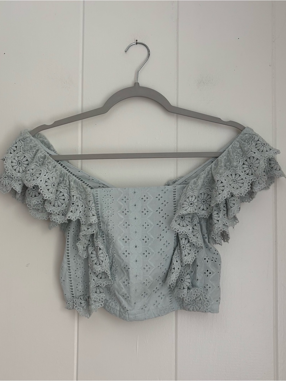 Altar'd State Light Blue Off-Shoulder Eyelet Ruffle Crop Top